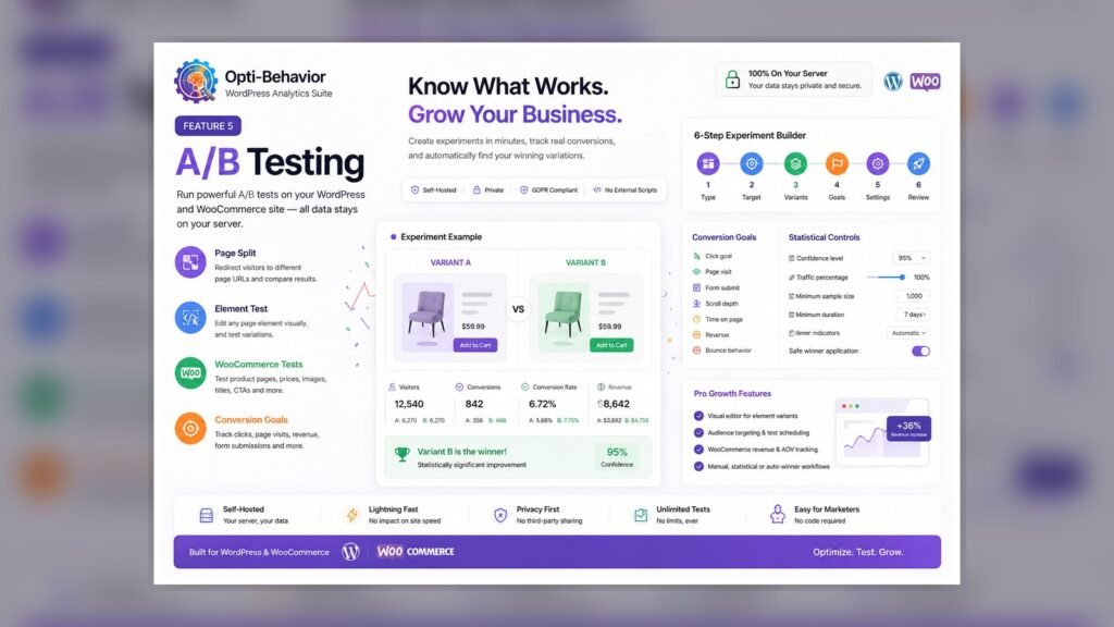 Tests A/B auto-hébergés pour WordPress : guide de mise en œuvre technique 2 Opti-Behavior A/B testing dashboard visual for WordPress experiment planning