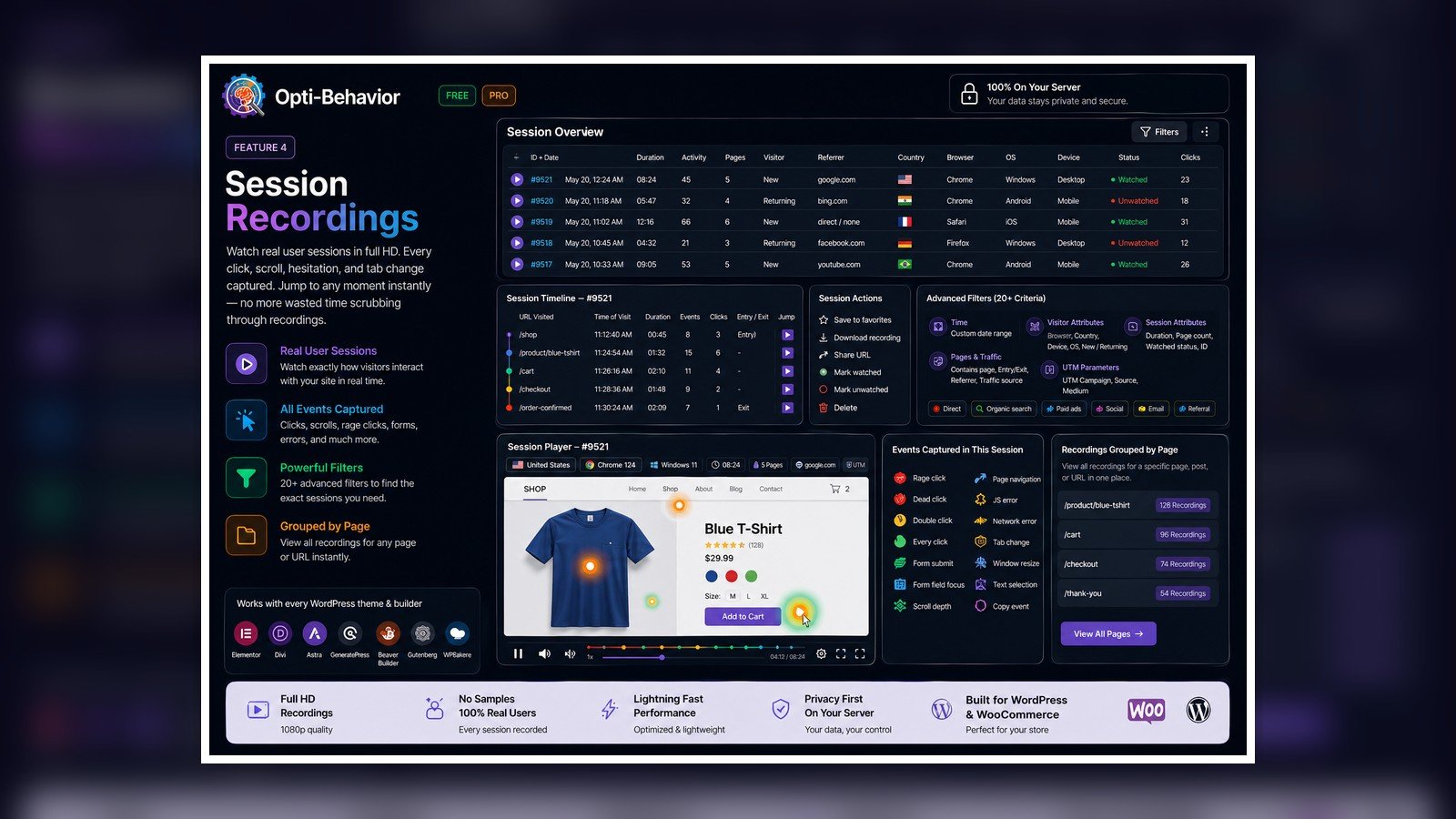 Microsoft Clarity GDPR Compliance: Complete 2026 Analysis for EU WordPress Businesses 4 Opti-Behavior session recording dashboard for responsible WordPress friction diagnosis