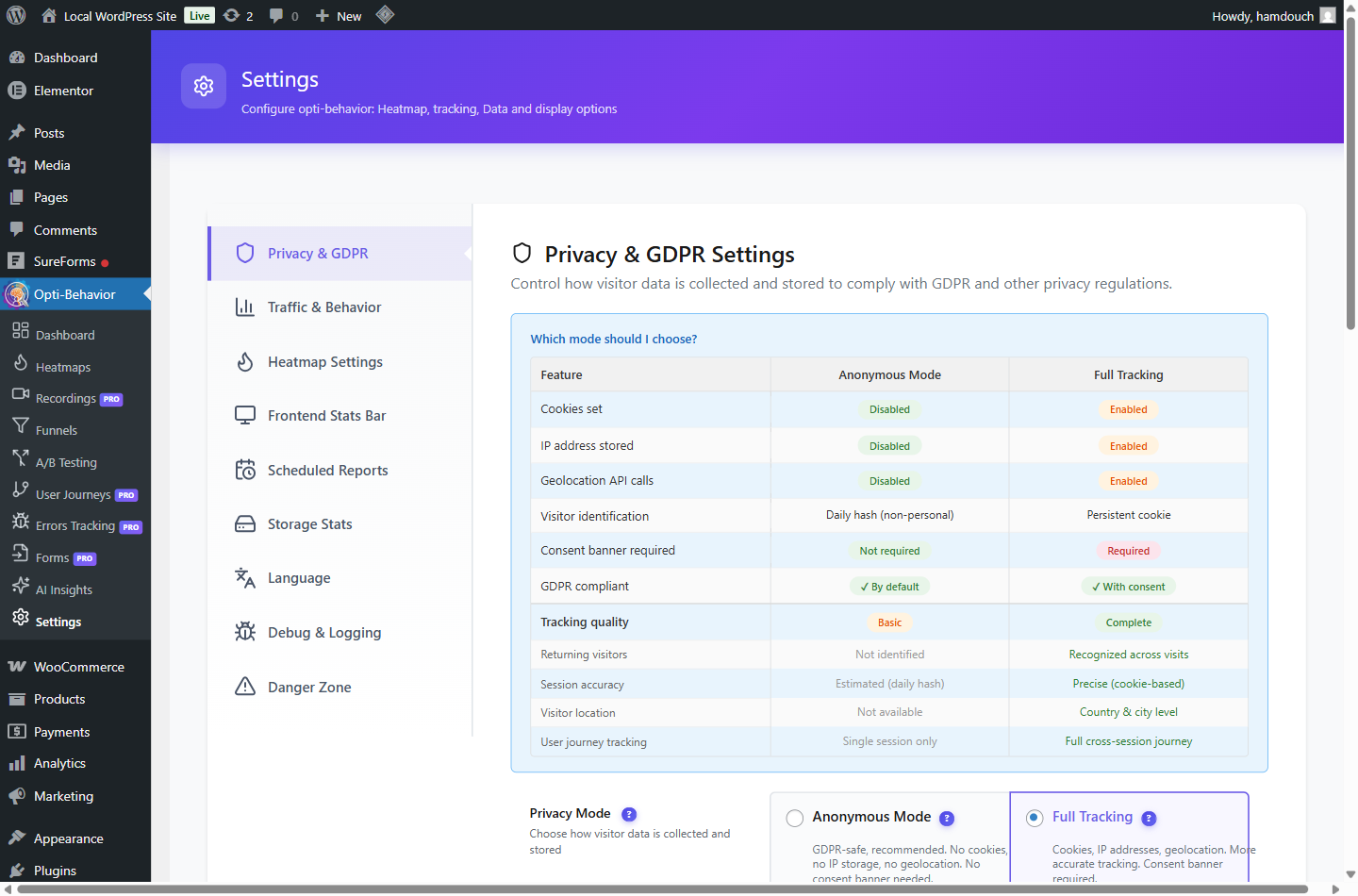 Microsoft Clarity GDPR Compliance: Complete 2026 Analysis for EU WordPress Businesses 2 Opti-Behavior settings dashboard screenshot