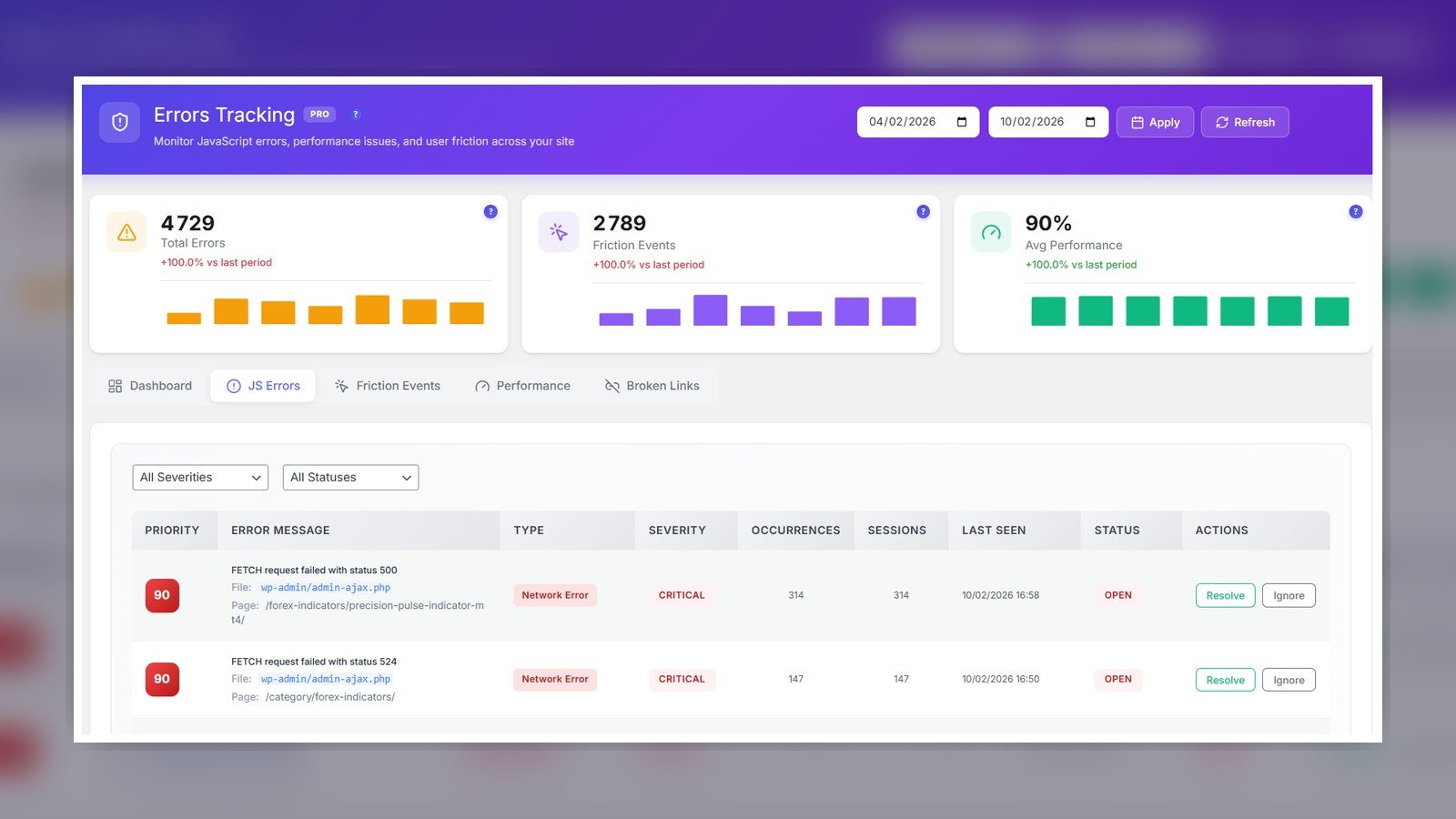 Opti-Behavior errors and performance dashboard for stack traces and friction tracking