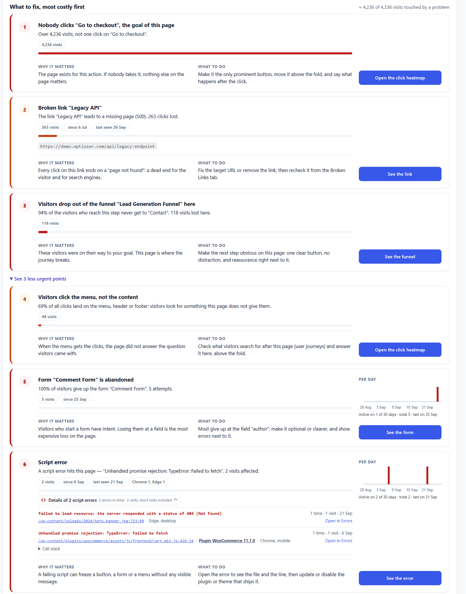 Why Is My Landing Page Not Converting? 9 Reasons and How to Find Yours 4 Page X-Ray: what to fix, most costly first, with six problems on one page