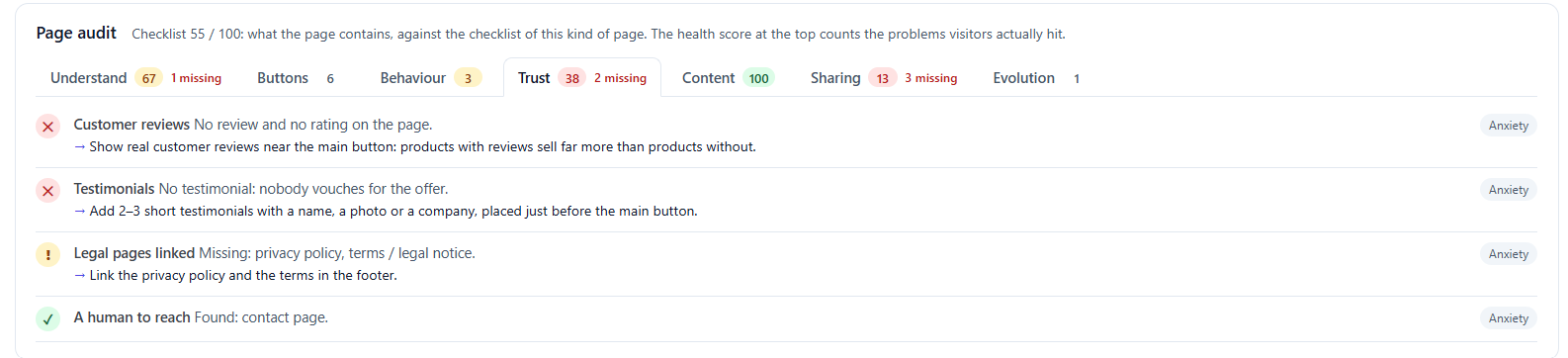 Why Is My Landing Page Not Converting? 9 Reasons and How to Find Yours 8 Page audit, Trust tab: customer reviews, testimonials, legal pages, contact
