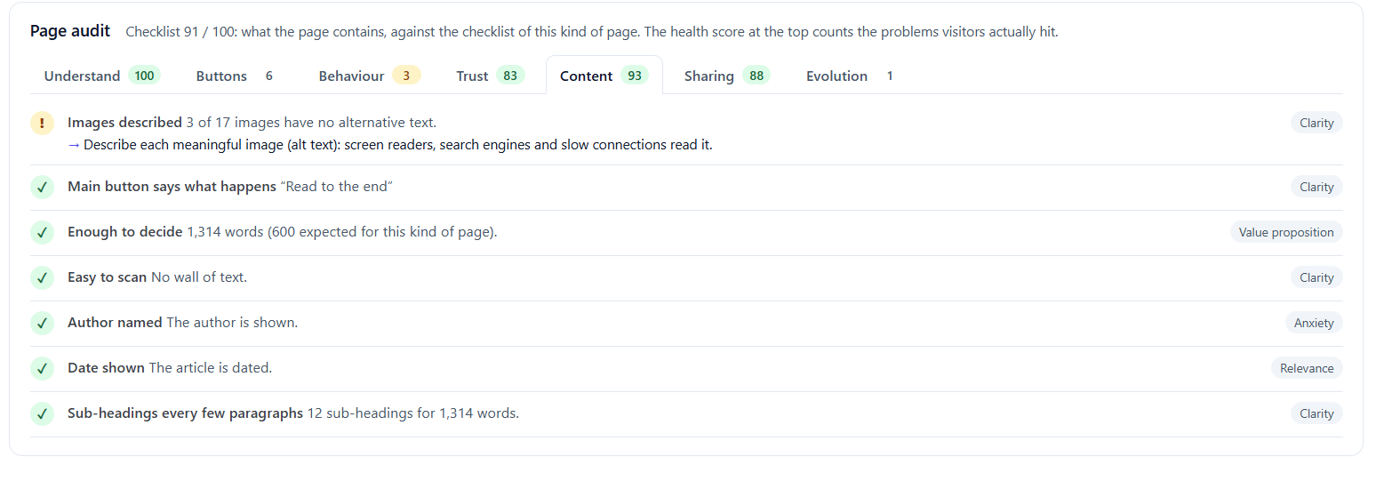 Why Is My Landing Page Not Converting? 9 Reasons and How to Find Yours 9 Page audit, Content tab: alt text, button wording, word count, sub-headings, author and date