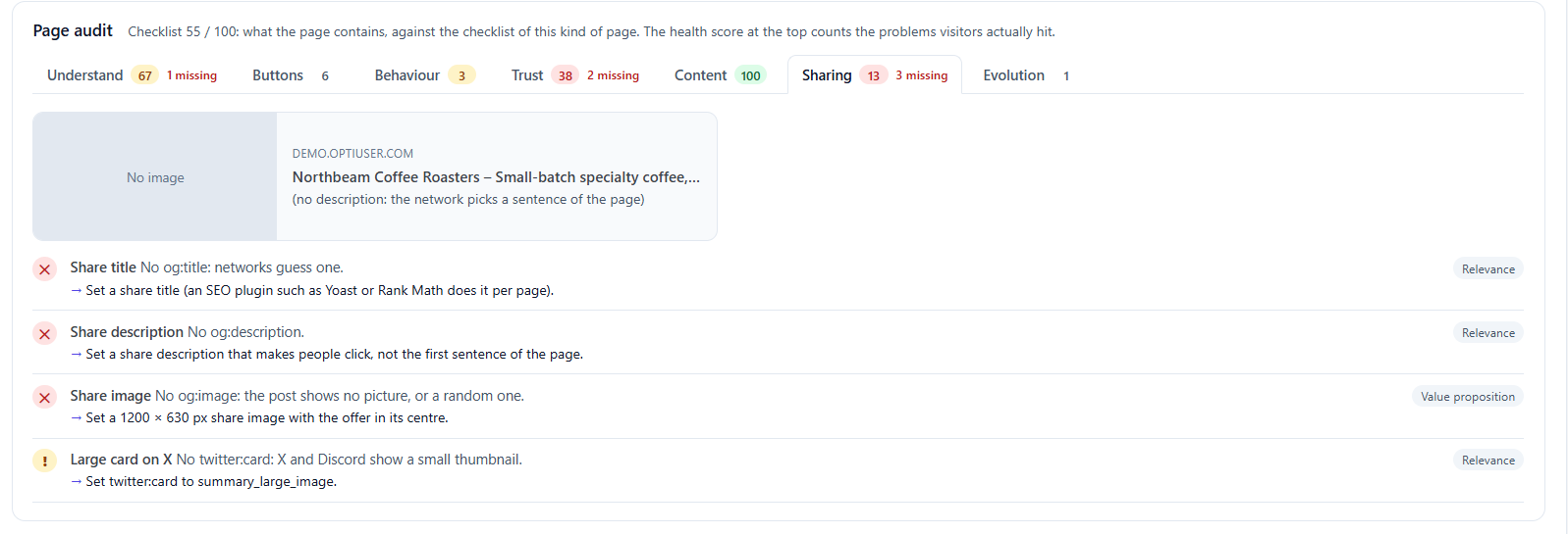 Why Is My Landing Page Not Converting? 9 Reasons and How to Find Yours 10 Page audit, Sharing tab: share preview, og:title, og:description, og:image and Twitter card