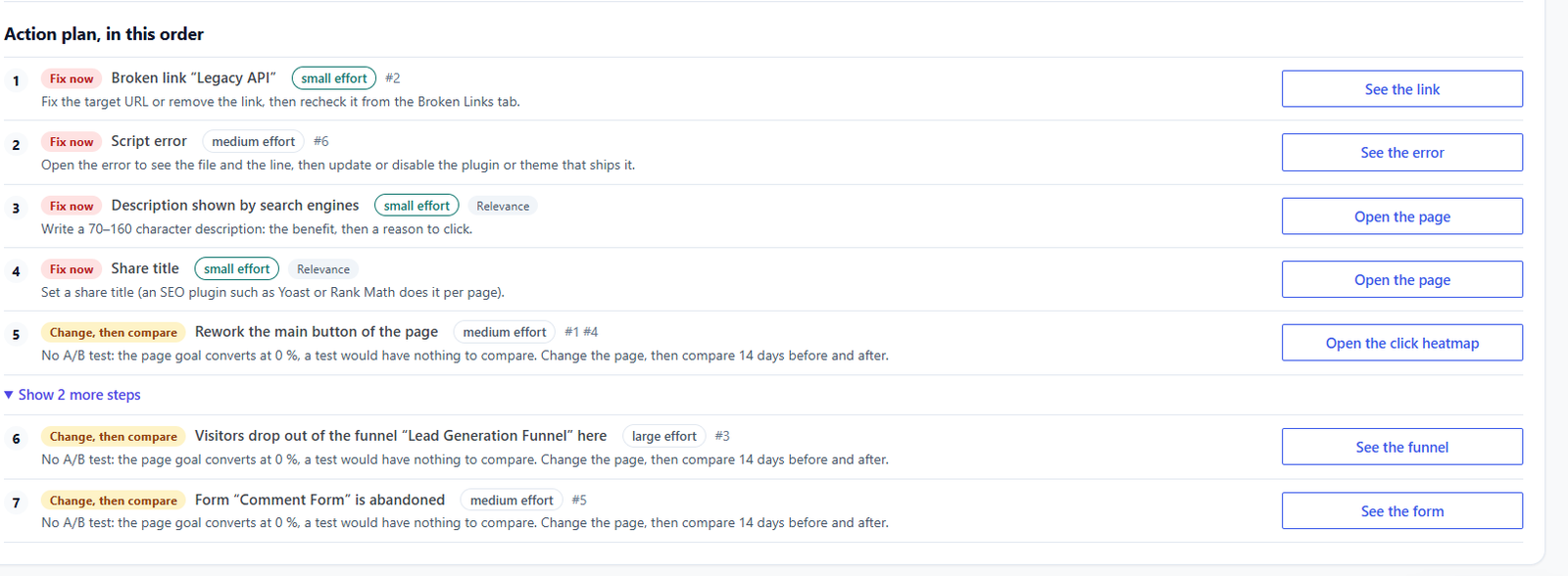 Why Is My Landing Page Not Converting? 9 Reasons and How to Find Yours 14 Page X-Ray action plan: fix now and change then compare steps with effort