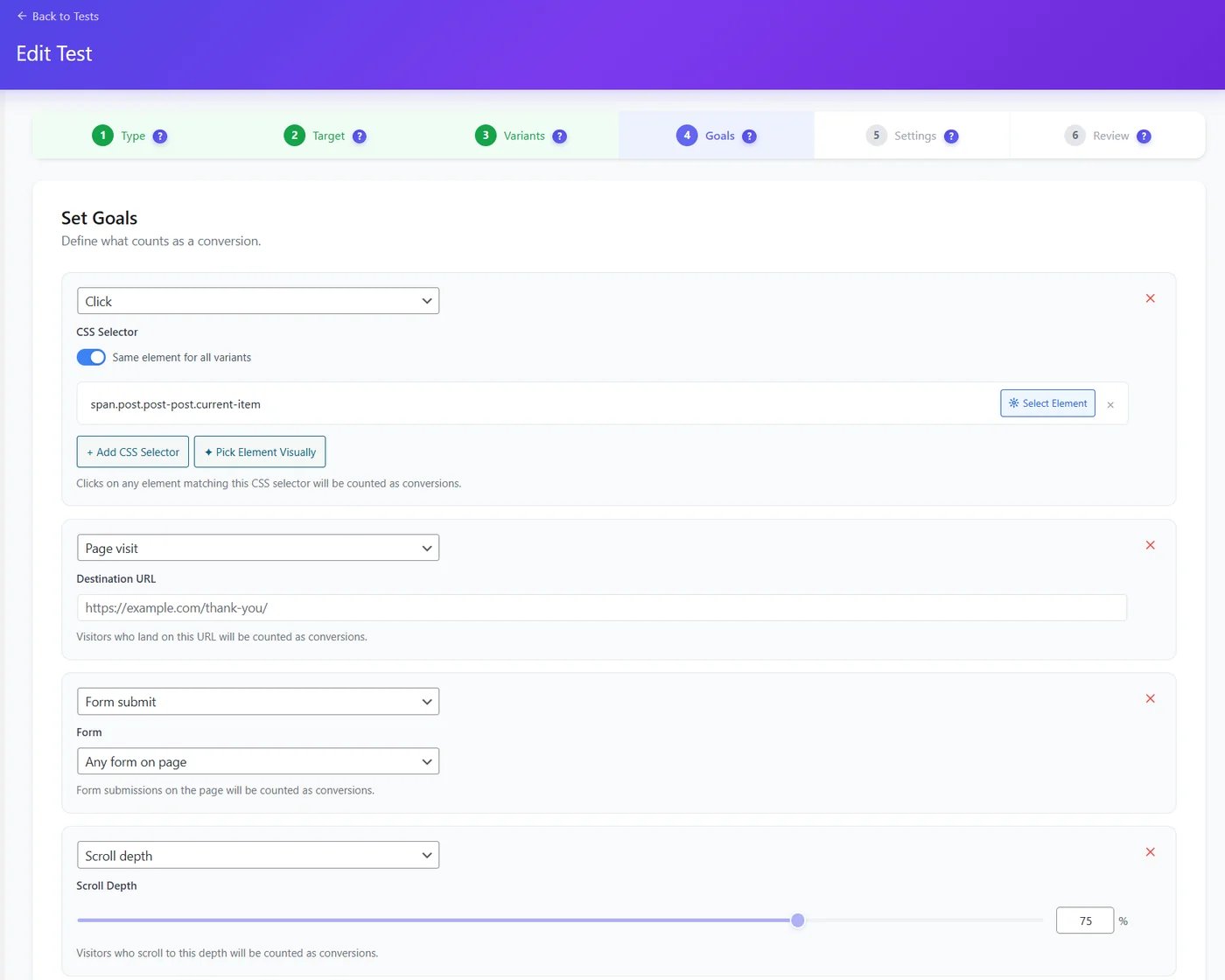 Conversion goals 1 Set Goals step with a click goal on a CSS selector and Pick Element Visually, a page visit goal on a thank-you URL, a form submit goal and a scroll depth goal at 75%