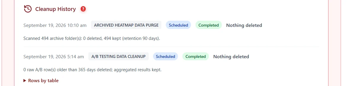 Data retention, cleanup tasks and database size caps 6 Cleanup History entries with task, scheduled, completed and what was deleted