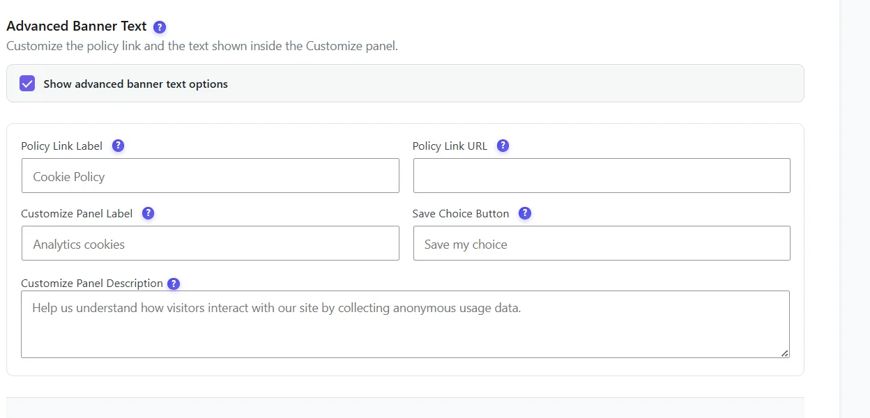 Consentimiento de cookies en WordPress: cómo hacer que tu banner y tu analítica funcionen juntos 5 Opciones «Advanced Banner Text» de Opti-Behavior (interfaz en inglés): etiqueta y URL del enlace a la política, etiqueta del panel de personalización, botón para guardar la elección y descripción del panel