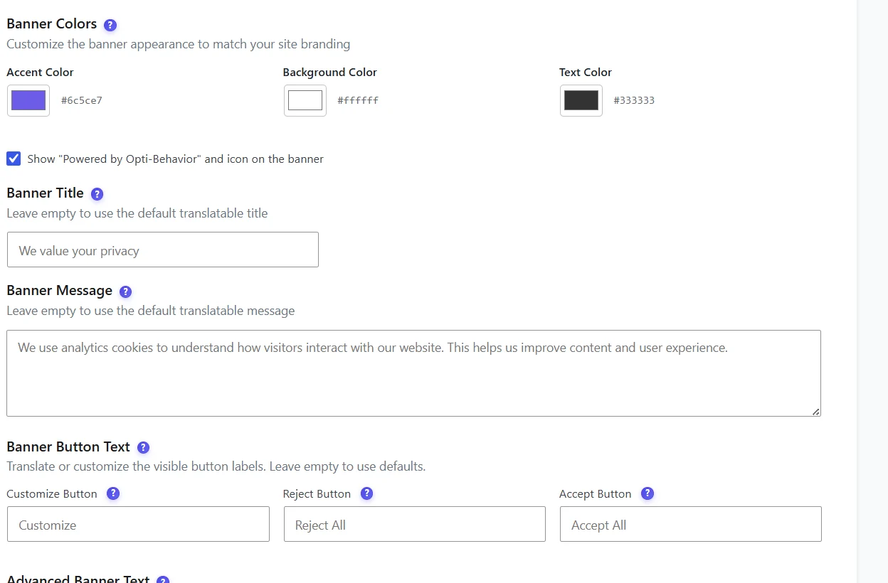 Consentimiento de cookies en WordPress: cómo hacer que tu banner y tu analítica funcionen juntos 4 Ajustes «Banner Colors» de Opti-Behavior (interfaz en inglés): selectores de color de acento, fondo y texto, la casilla «Powered by Opti-Behavior» y los campos del título, el mensaje y los botones del banner