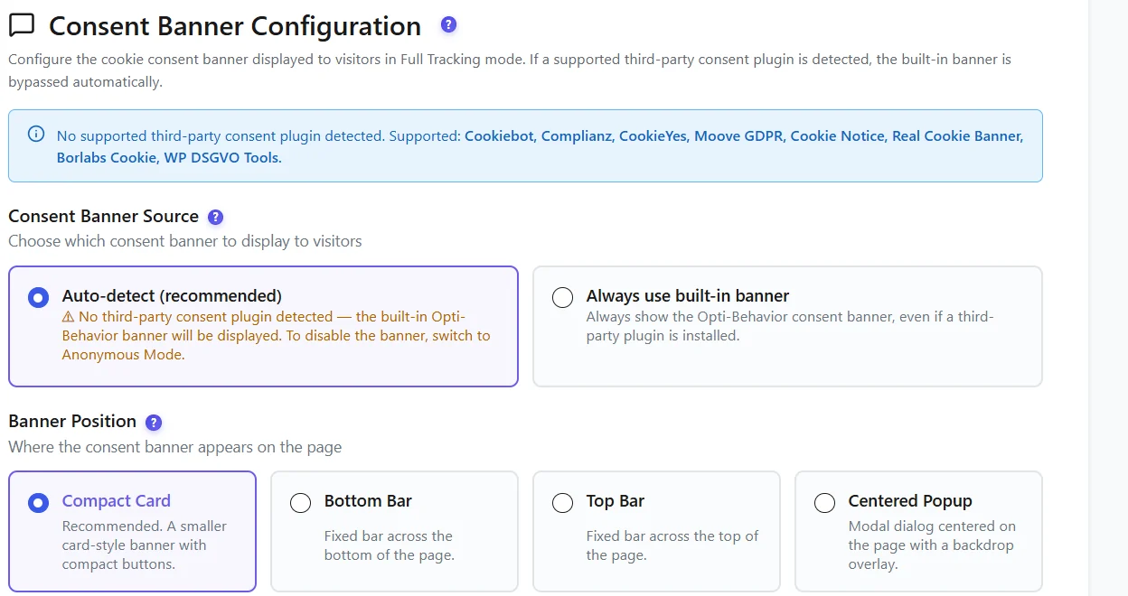 WordPress Visitor Tracking Without Cookies: A Simple Setup Guide 3 Consent banner source and position settings in WordPress