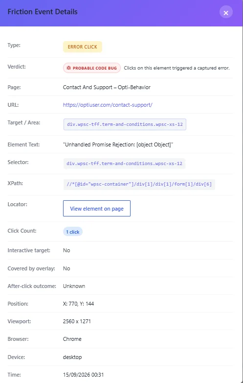 Details of a rage click event on a WordPress page