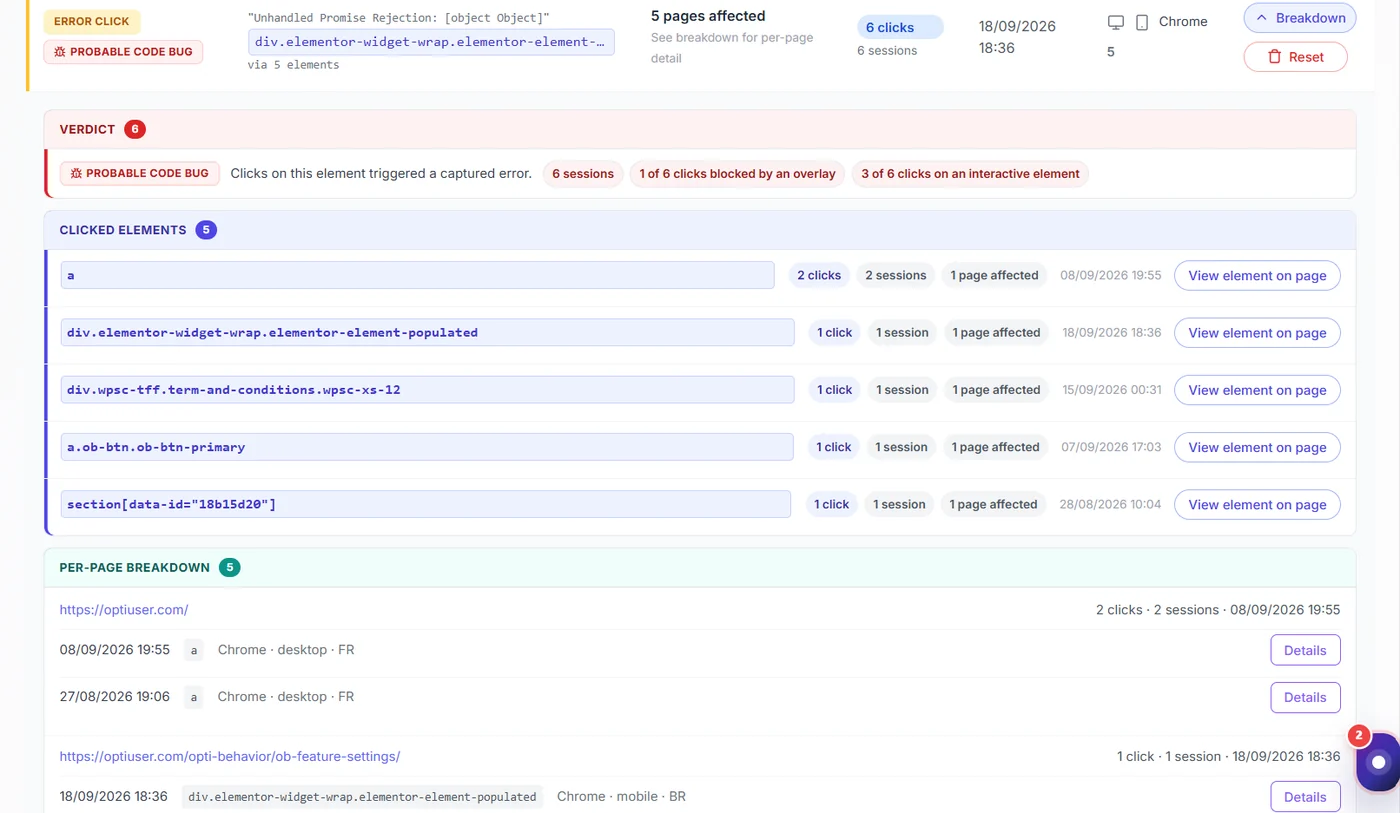 Rage click verdict showing a probable code bug on a WordPress page