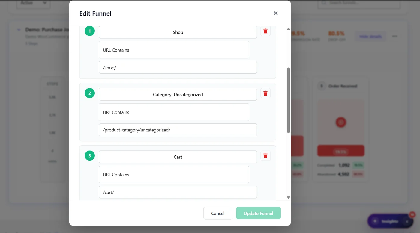 How to create a funnel 2 Edit Funnel window with three steps, each with a name, the rule URL Contains and a URL value, a delete button per step and Update Funnel