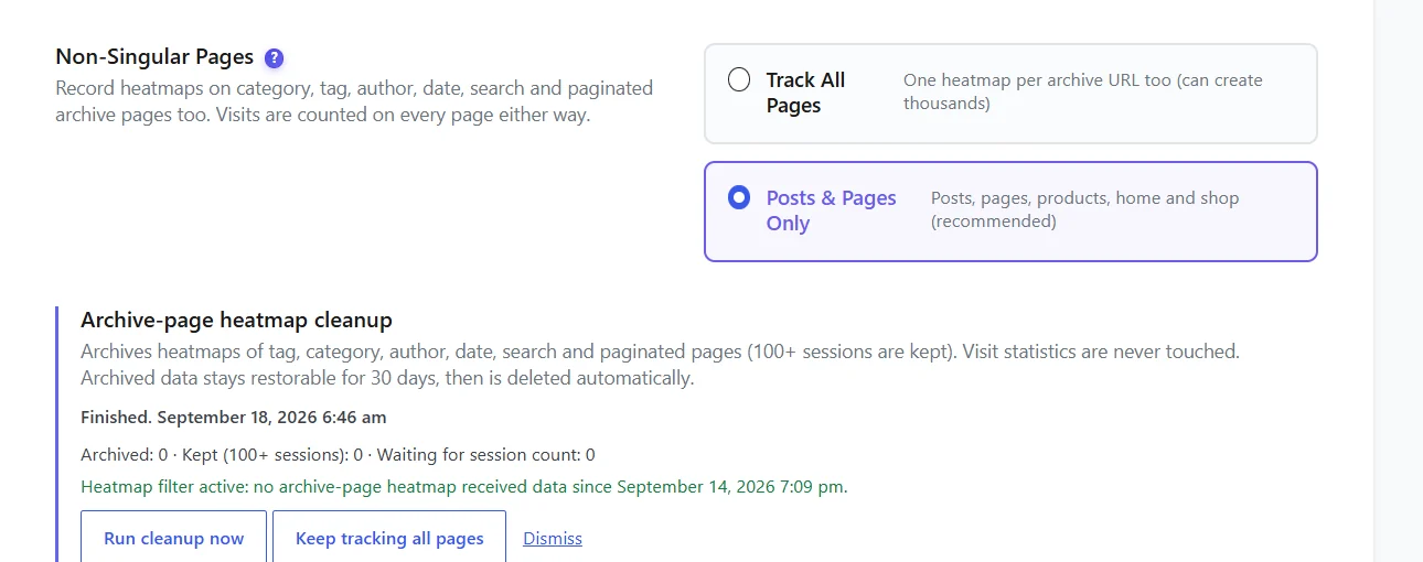 Heatmap settings reference 2 Non-Singular Pages setting and the Archive-page heatmap cleanup card with Run cleanup now and Keep tracking all pages