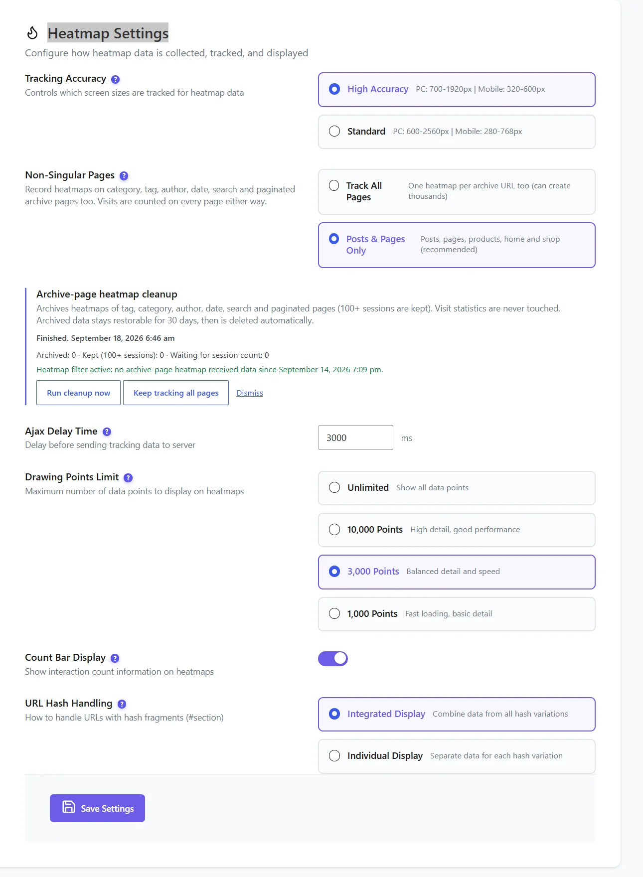 Heatmap settings reference 1 Heatmap Settings page with Tracking Accuracy, Non-Singular Pages, Archive-page heatmap cleanup, Ajax Delay Time, Drawing Points Limit, Count Bar Display and URL Hash Handling