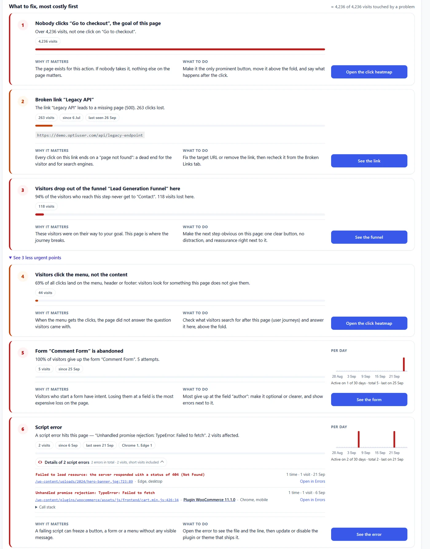 Page X-Ray: a full report for each page (Pro) 4 What to fix most costly first: nobody clicks the goal button, broken link, funnel drop-off, menu clicks, abandoned form and script error, each with why it matters and what to do