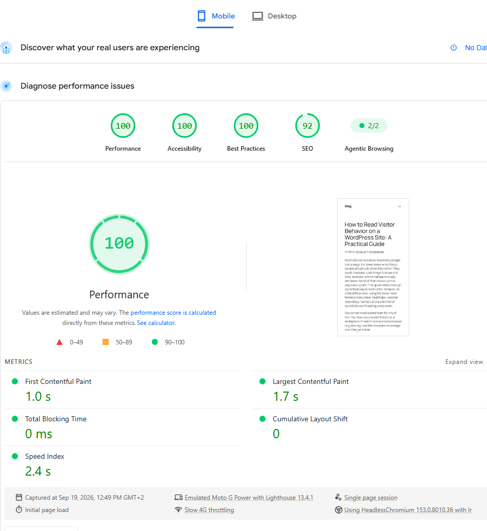 Real PageSpeed Insights report, mobile, with Opti-Behavior turned ON: Performance 100, Accessibility 100, Best Practices 100, SEO 92. First Contentful Paint 1.0 s, Largest Contentful Paint 1.7 s, Total Blocking Time 0 ms, Cumulative Layout Shift 0, Speed Index 2.4 s