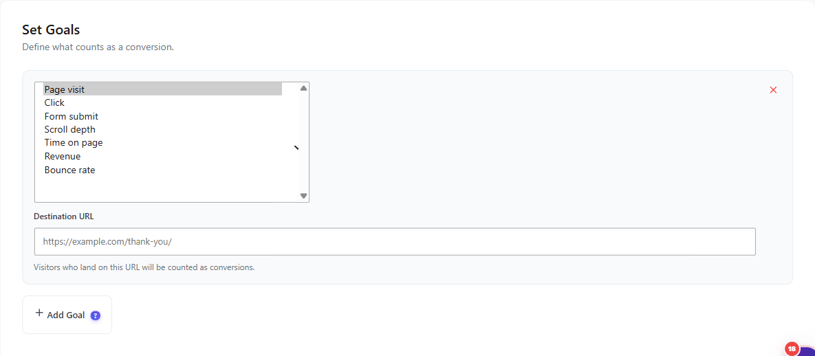 Conversion goals reference 1 The Set Goals step of the A/B builder with the goal-type list expanded showing Page visit, Click, Form submit, Scroll depth, Time on page, Revenue, and Bounce rate