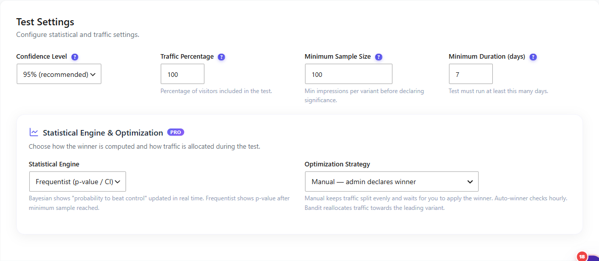 Statistical settings explained 1 The Test Settings step showing confidence level, traffic percentage, minimum sample size and duration, plus the Pro statistical engine and optimization strategy options