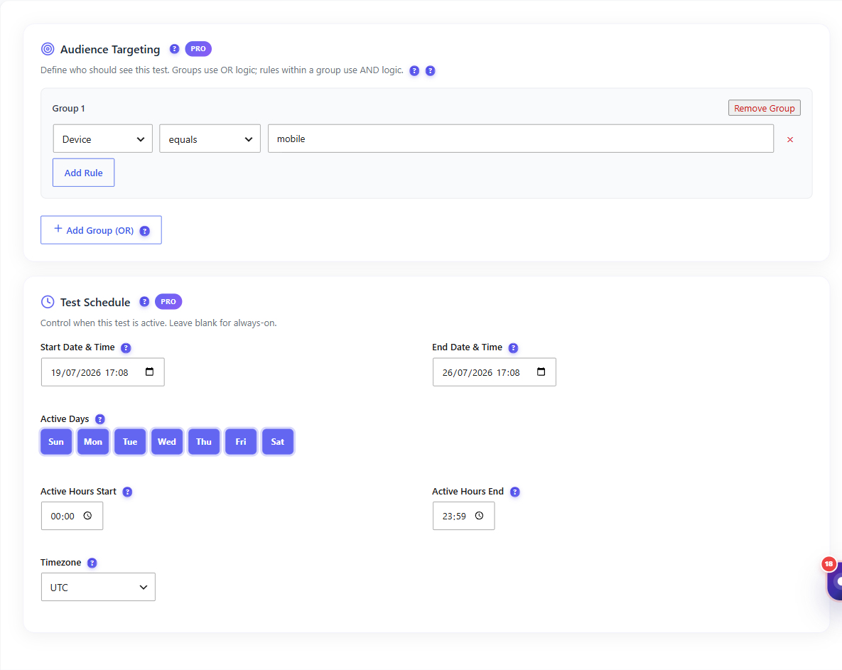 Audience targeting and test scheduling 1 The Pro audience targeting and test schedule settings showing a Device equals mobile rule group and start/end dates, active days, hours and timezone