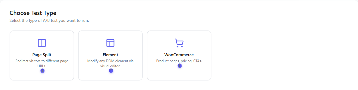 A/B Testing overview: the 3 test types 1 The Choose Test Type step of the A/B builder showing the three test types: Page Split, Element, and WooCommerce