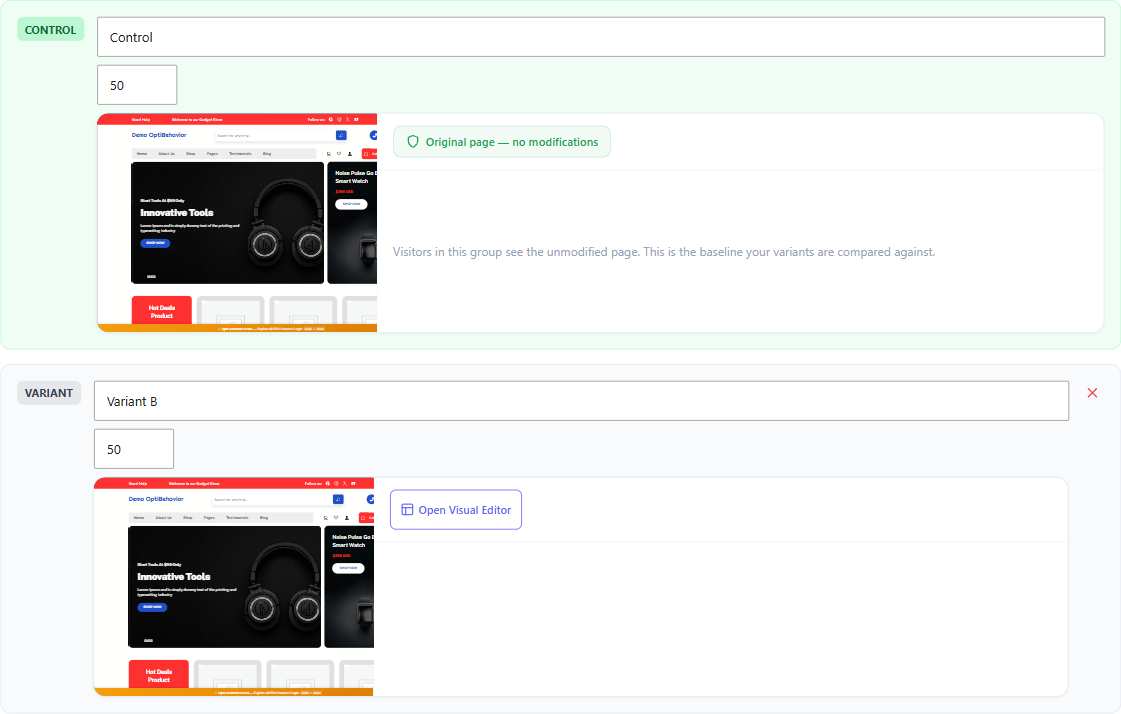 How visitor bucketing works 1 The Variants step showing Control and Variant B each with a 50 percent traffic weight and a live page preview
