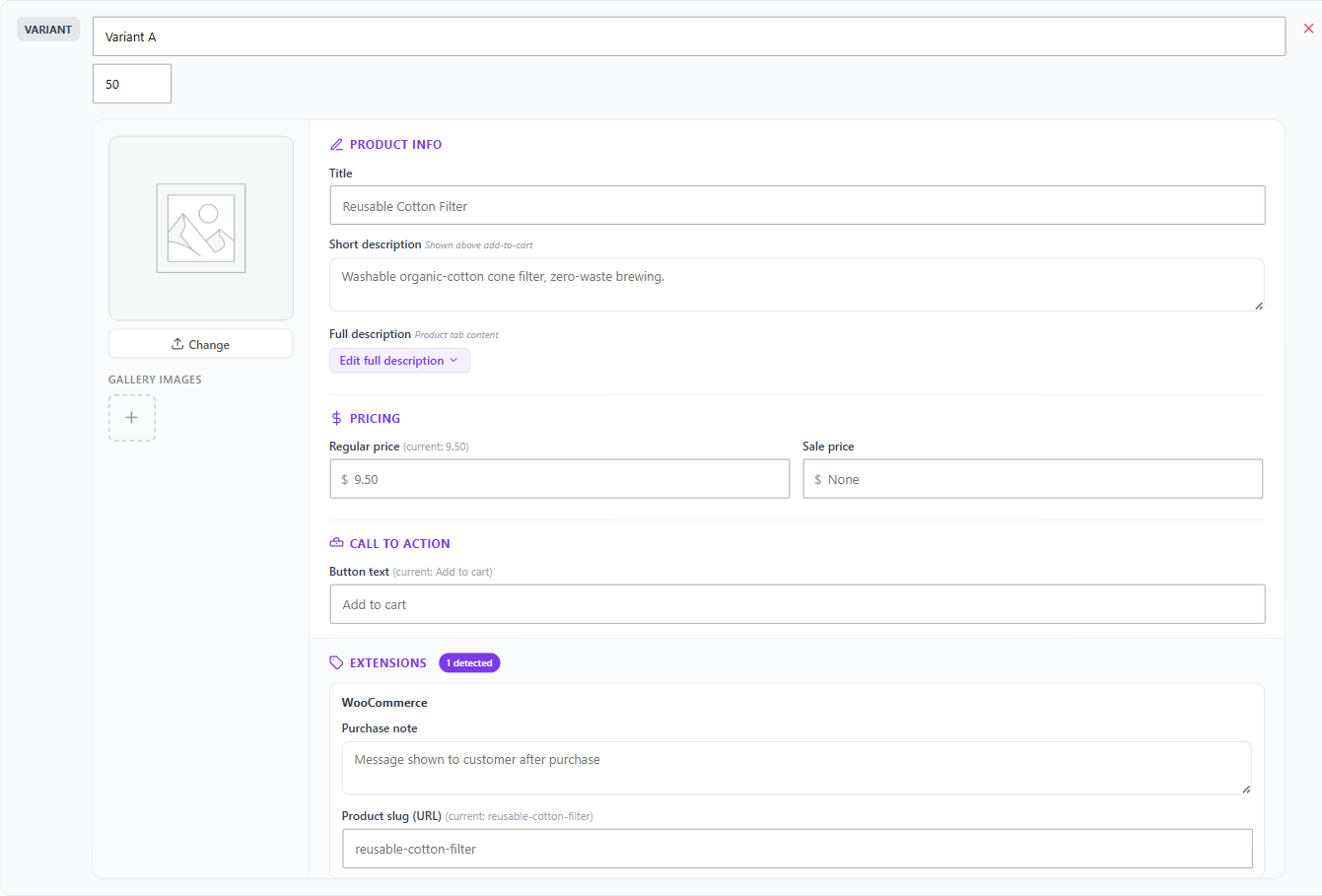 WooCommerce product tests 1 WooCommerce product variant setup form showing overrides for product title, descriptions, regular and sale price, add-to-cart button text and WooCommerce extension fields