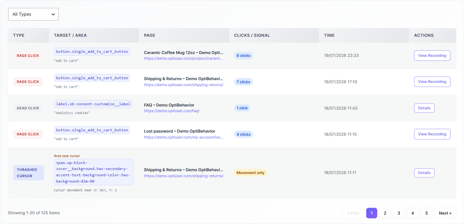 Friction events: rage clicks and dead clicks 1 Friction Events table with an All Types filter dropdown listing rage clicks, dead clicks and thrashed cursor events with their target element, page, click count and time