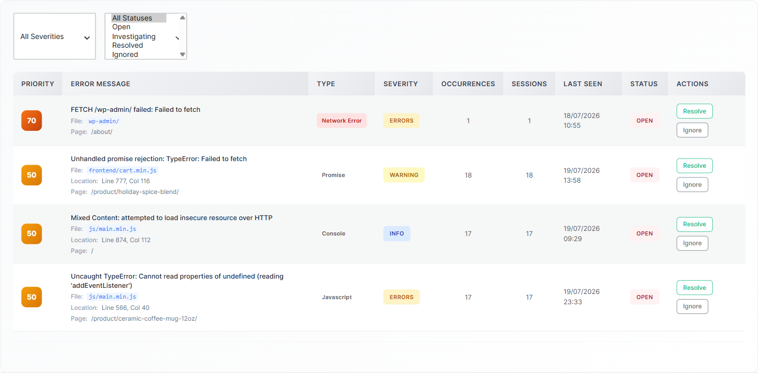 Error status workflow: open, investigating, resolved 1 Errors table status filter dropdown expanded showing Open, Investigating, Resolved and Ignored options next to error rows with their status badges and resolve or ignore actions