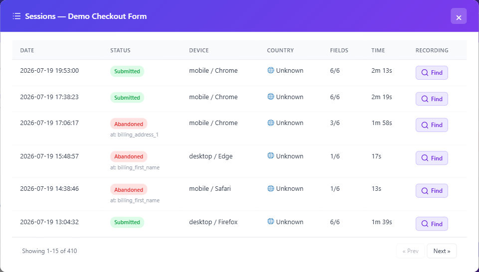 Watching recordings of form sessions 1 Form sessions modal listing individual submissions with status, device, fields completed and a Find link to open each session recording