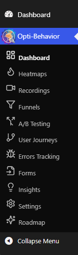 What is Opti-Behavior? 1 Opti-Behavior admin menu expanded in the WordPress admin sidebar showing all module pages