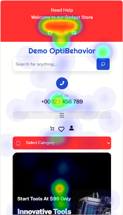 Desktop vs mobile heatmap views 1 Mobile click heatmap view of the demo homepage in a narrow phone layout, with click hotspots on the header, search box and category menu