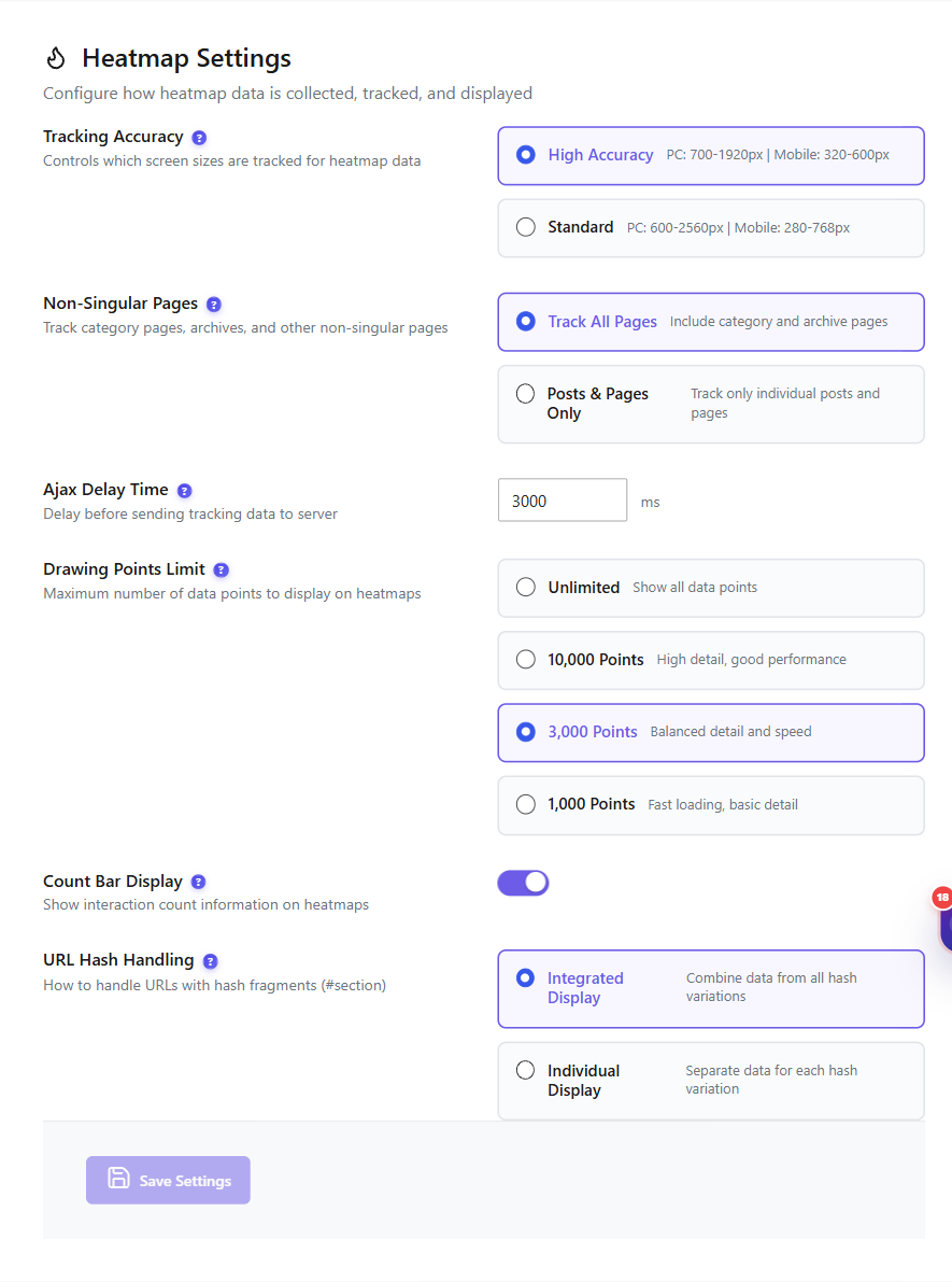 Heatmap settings reference 1 Heatmap Settings tab showing Tracking Accuracy, Non-Singular Pages, Ajax Delay Time, Drawing Points Limit, Count Bar Display and URL Hash Handling options
