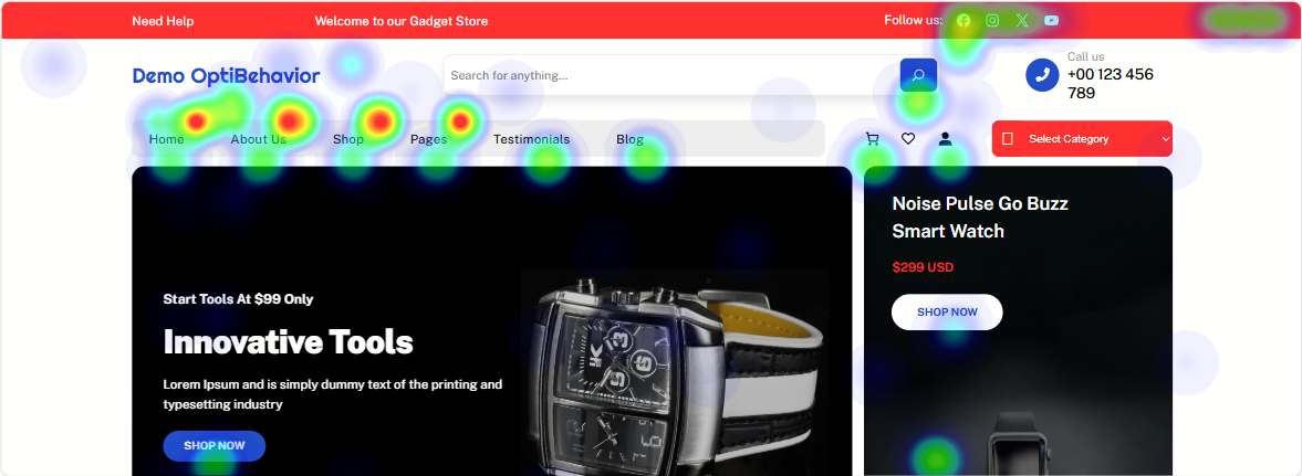 Reading a click heatmap: what the colors mean 1 Click heatmap color intensity on the demo header navigation, where the Shop menu item shows the hottest red-yellow click zone