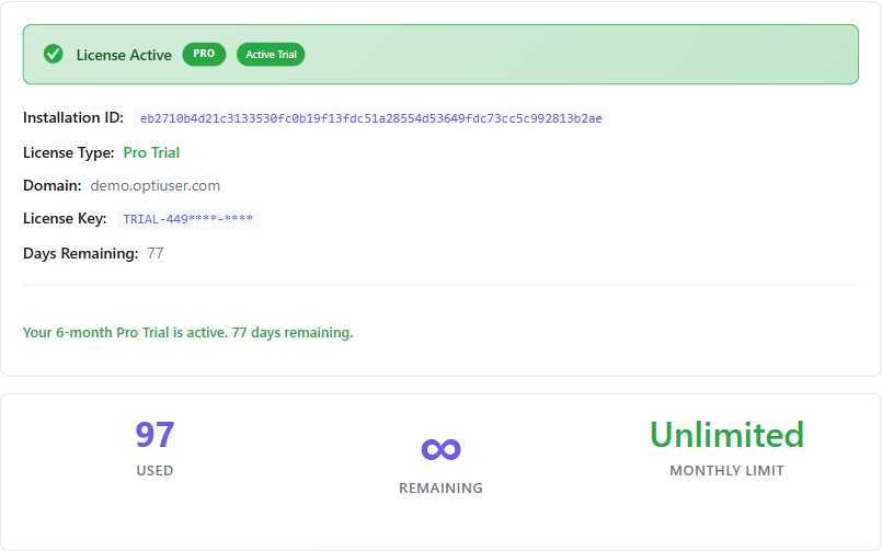Managing your license 1 License and Quota tab showing active Pro trial status, license details and monthly quota