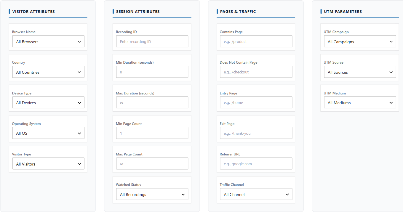 Advanced filters: the 20+ criteria reference 1 Advanced filters panel with four grouped columns for Visitor Attributes, Session Attributes, Pages and Traffic, and UTM Parameters
