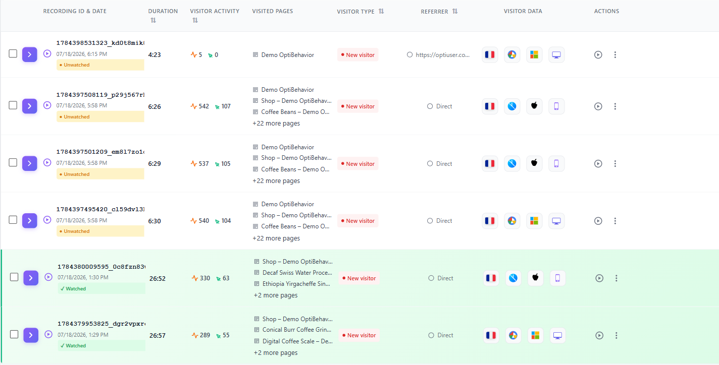 The recordings list: every column explained 1 Session recordings table with columns for recording ID and date, duration, visitor activity, visited pages, visitor type, referrer, visitor data icons and row actions