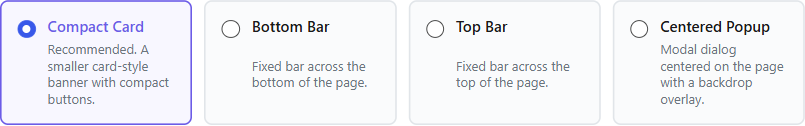 Setting up the built-in consent banner 1 Built-in consent banner appearance style options in Privacy and GDPR settings