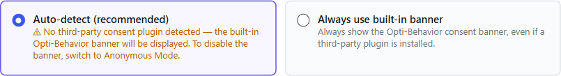Consent banner auto-detection 1 Consent banner auto-detect option showing the no third-party consent plugin detected notice