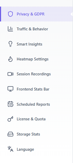 Settings overview: map of all settings pages 1 Opti-Behavior Settings vertical tab navigation listing all settings pages