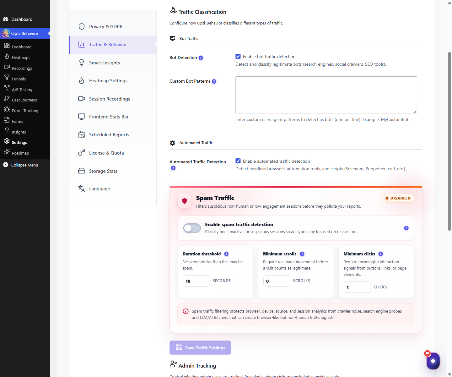 Traffic classification settings 1 Traffic Classification settings showing bot detection, automated traffic and spam filtering options