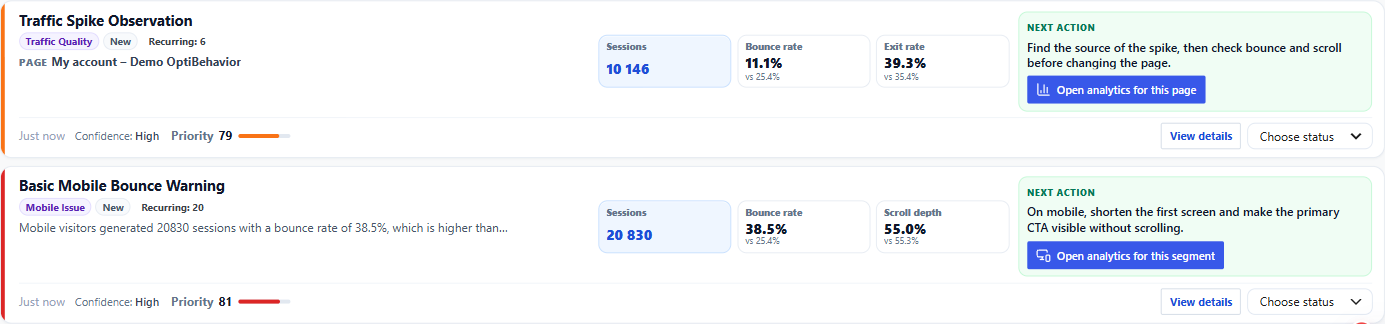 Free signals reference 1 Free-plan Smart Insights signal cards for Traffic Spike Observation and Basic Mobile Bounce Warning, each with sessions, bounce and exit metrics, priority and a suggested action