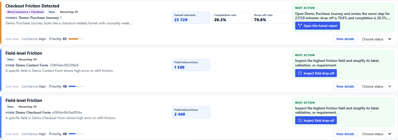 Smart Insights overview: how recommendations are generated 1 Smart Insights list showing recommendation cards ordered by priority, each with its category, confidence, priority score, key metrics and a recommended next action