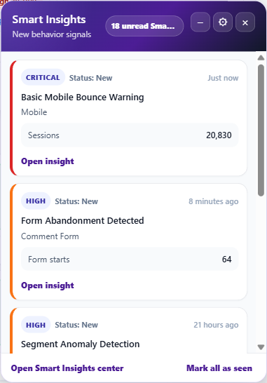 The notification launcher for high-priority issues 1 Smart Insights notification launcher panel listing unread high-priority signals with Critical and High severity badges, each linking to open the insight