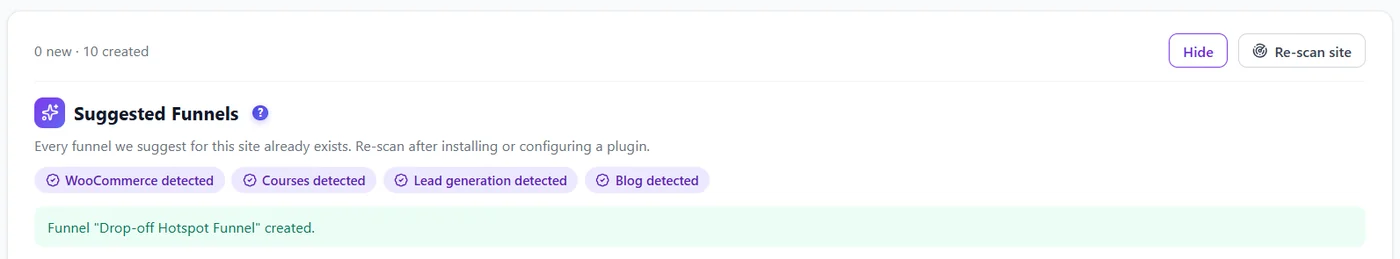 Suggested funnels: automatic detection 1 Suggested Funnels panel with detection chips and a success notice