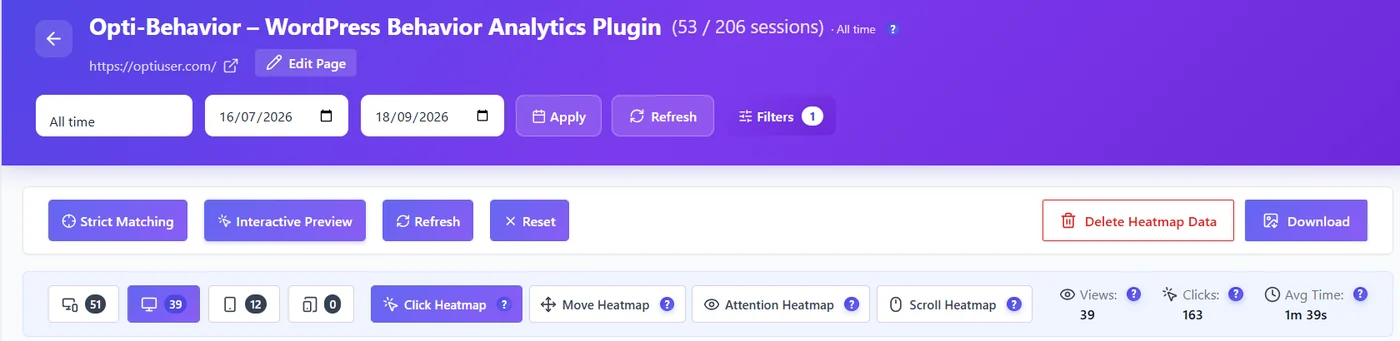 How to create your first heatmap 2 Heatmap page header with date range, Filters, toolbar buttons, device buttons with session counts and the four heatmap type tabs