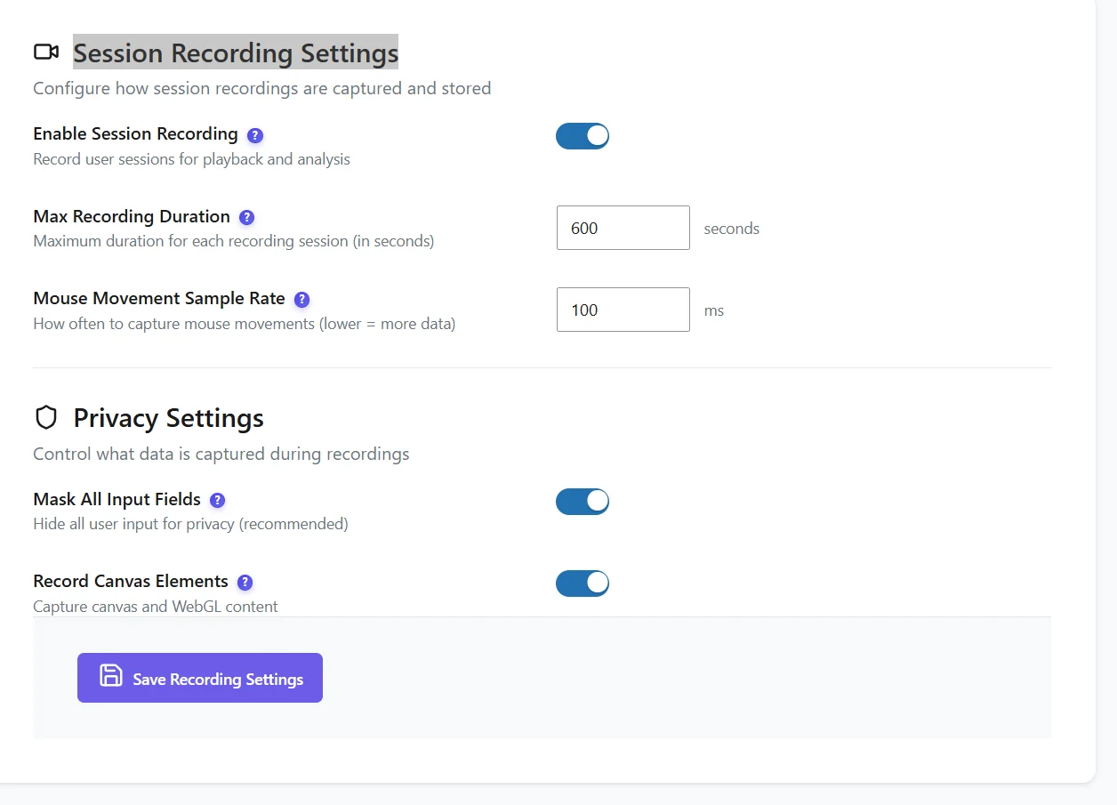 Microsoft Clarity et RGPD : ce qu'il faut savoir avant de l'utiliser en Europe 3 Écran « Session Recording Settings » d'Opti-Behavior (interface en anglais) : enregistrement des sessions activé, durée maximale de 600 secondes par enregistrement et, sous « Privacy Settings », l'option « Mask All Input Fields » (masquer tous les champs de saisie) activée.