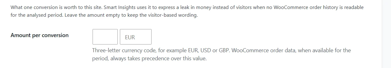 Smart Insights settings 2 Value of one conversion with amount and currency