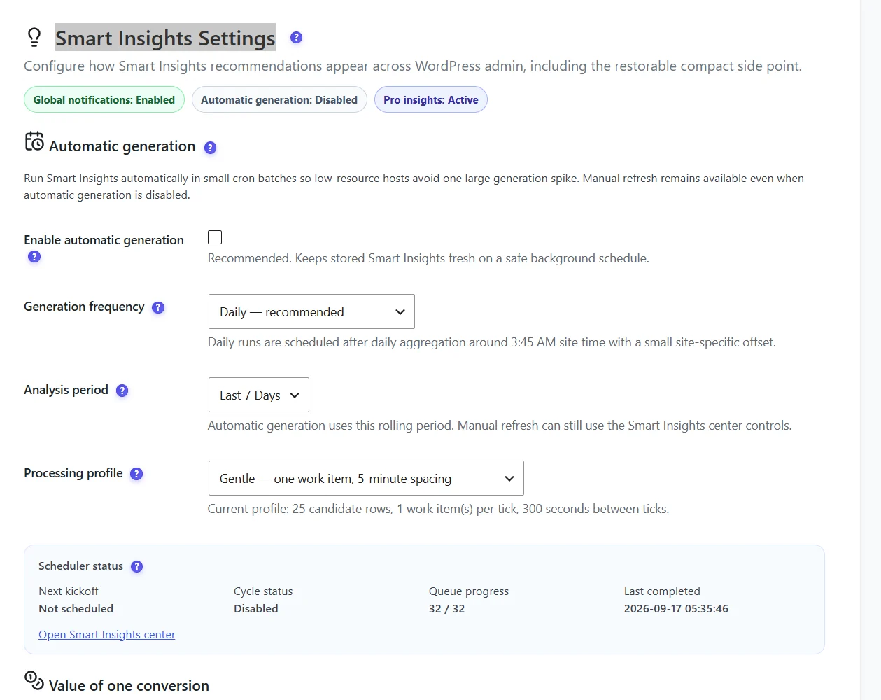 Smart Insights settings 1 Automatic generation settings: enable, generation frequency, analysis period, processing profile and scheduler status