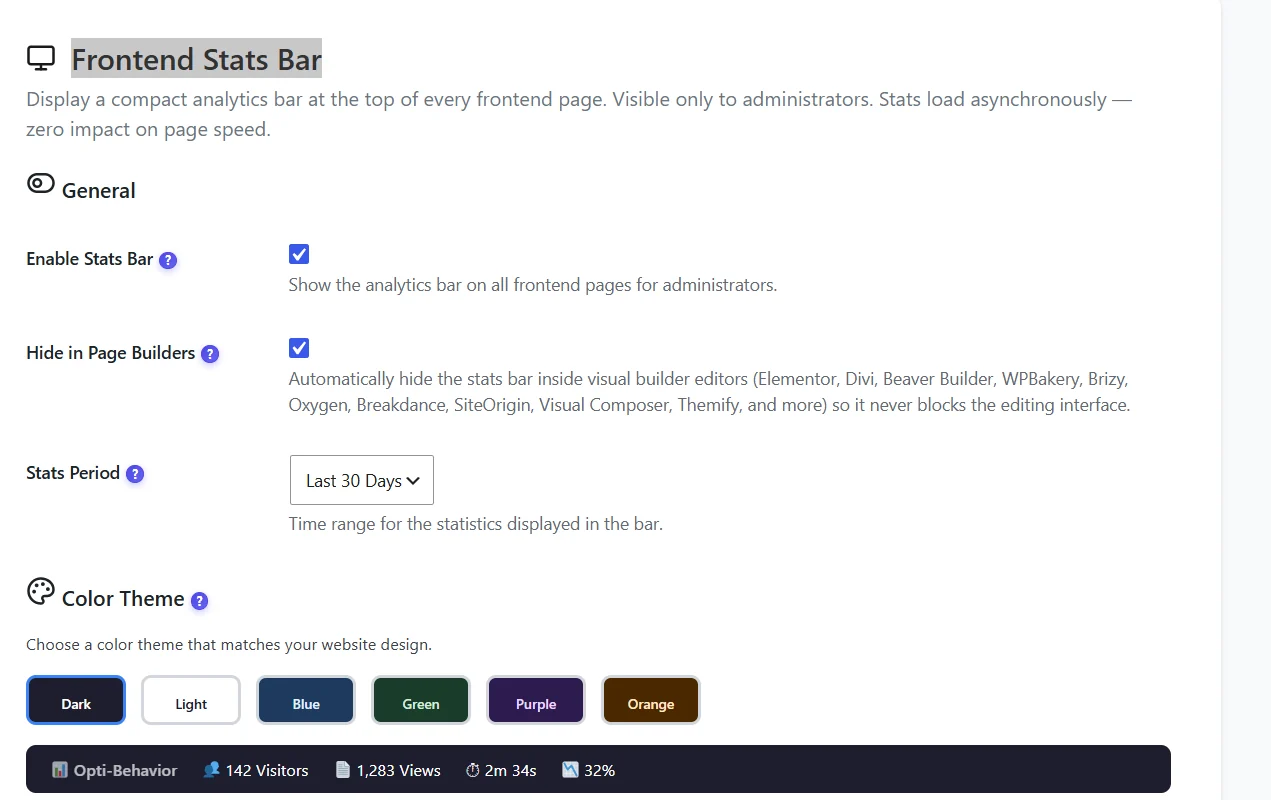 Frontend Stats Bar: enabling and reading it 1 Frontend Stats Bar settings: enable, hide in page builders, stats period and six colour themes with a live preview